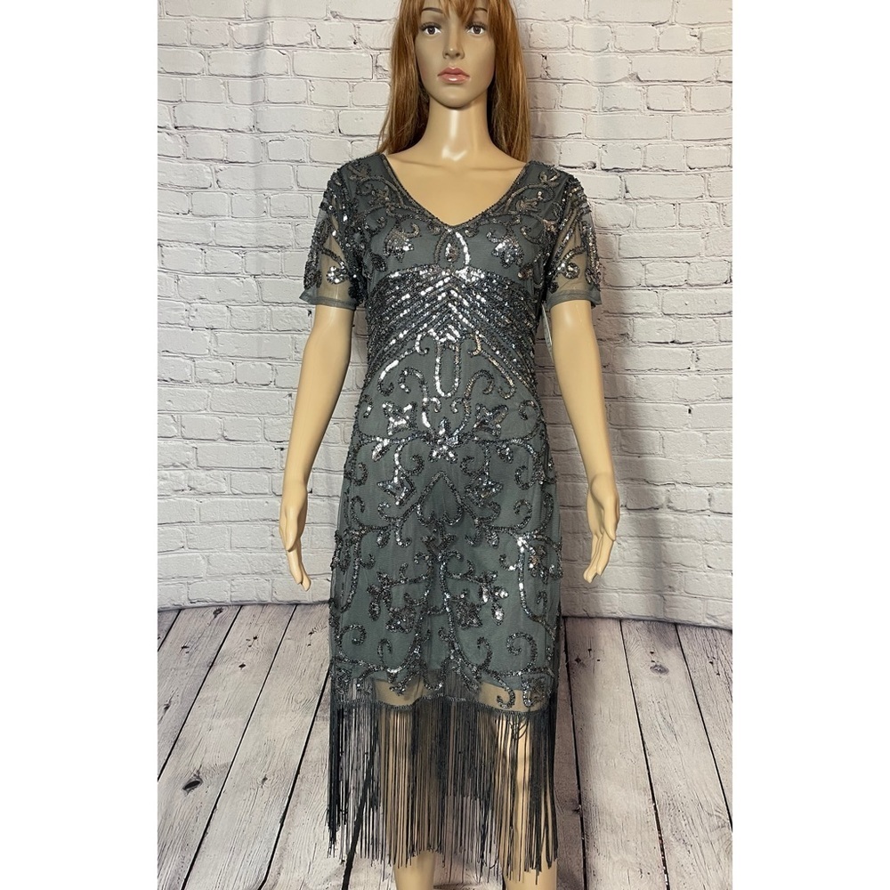 NWT New Unique Vintage 1920s Style Grey  Sequin Cocktail Dress Size M